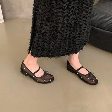 Xajzpa New Brand Women Flat Shoes Fashion Mesh Ladies Elegant Mary Jane Shoes Soft Sole Outdoor Dress Ballerinas
